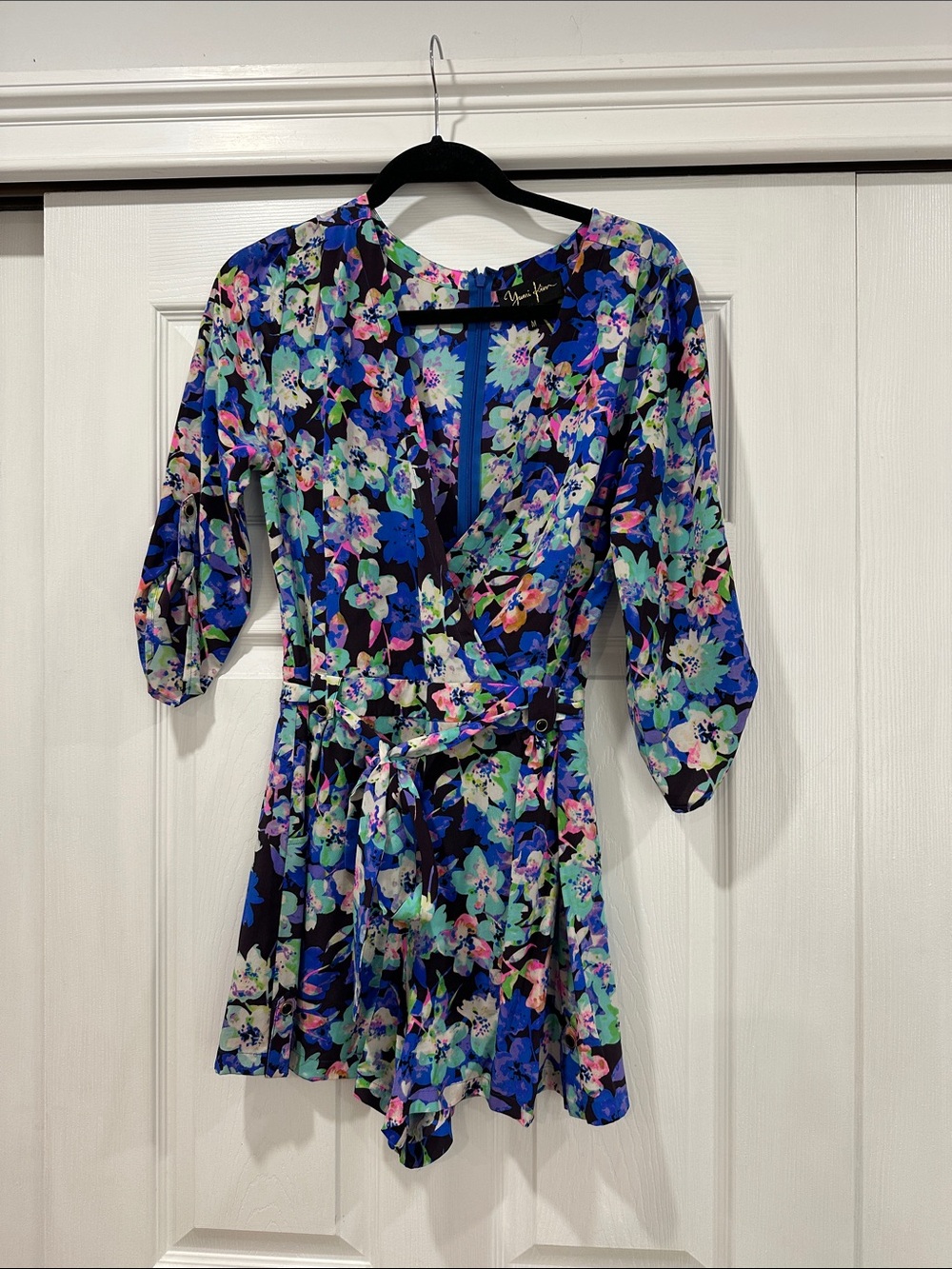 Floral Wrap Mini shorts romper - Blue Multicolor